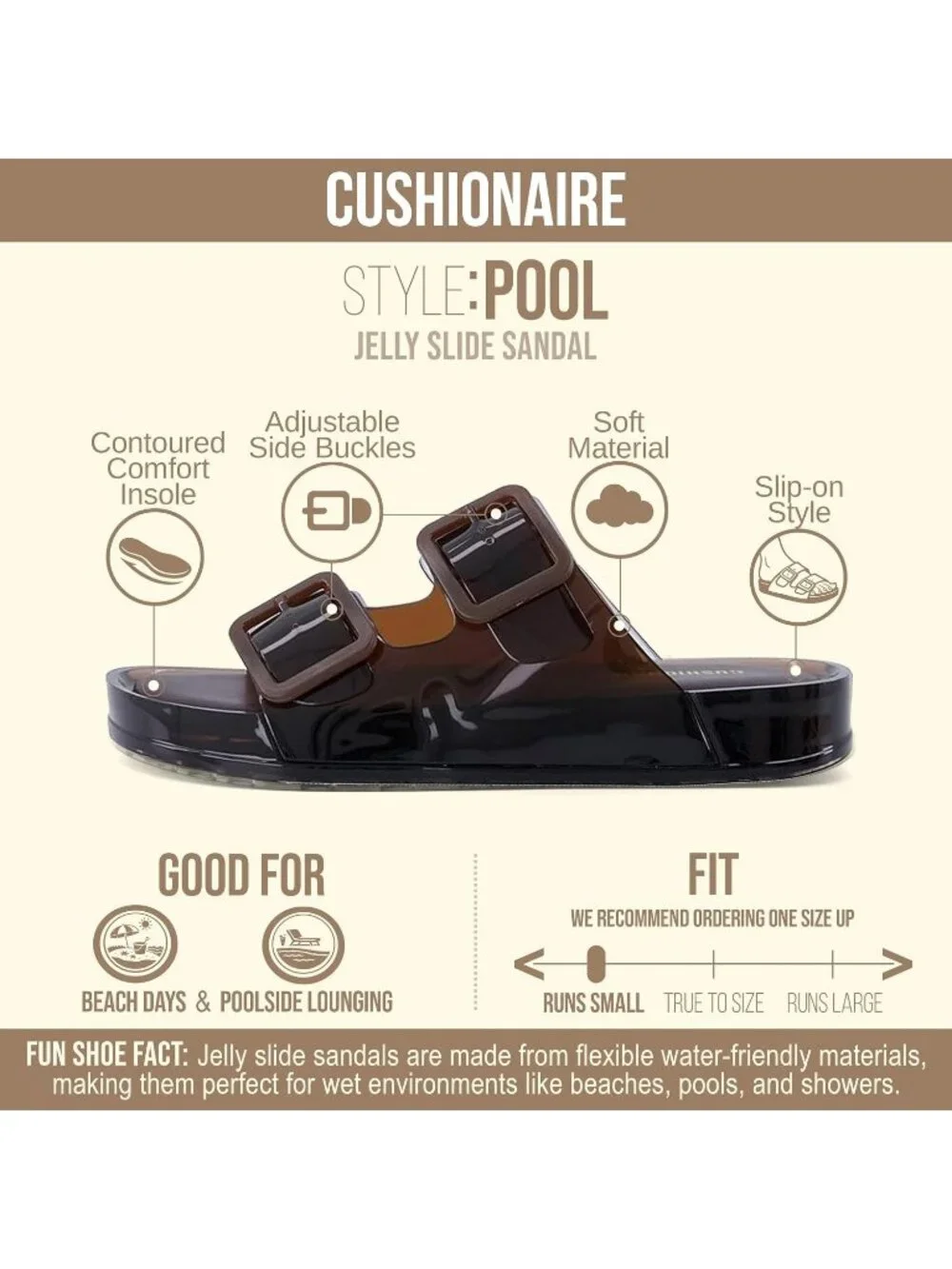 Women's Chocolate Rubber Double Buckle Adjustable Slip-On Pool Slides Sandals